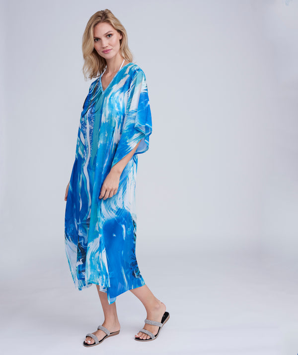 Blue Ocean Print Maxi Cover Up with Dazzling Embellishment