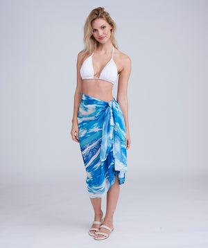 Blue Floral Print Sarong - Lightweight Crease-Free Fabric