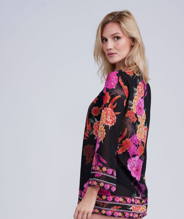 Back View: Black Floral Print Cover up with Embellishments