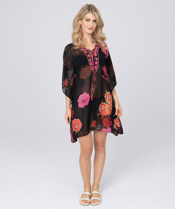 Black Floral Print Kaftan with Beaded Embellishments