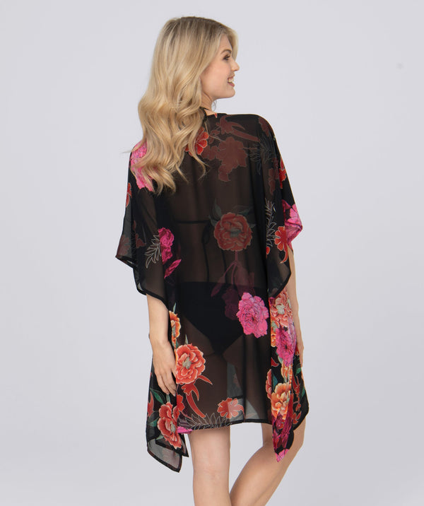 Back View: Black Floral Print Kaftan with Beaded Embellishments