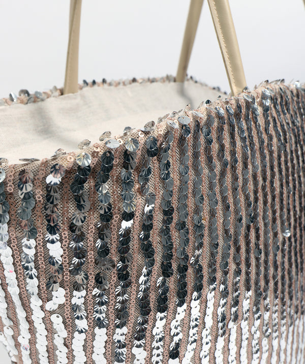 Close Up View: Silver Sequin Beach Bag with Zipped Closure