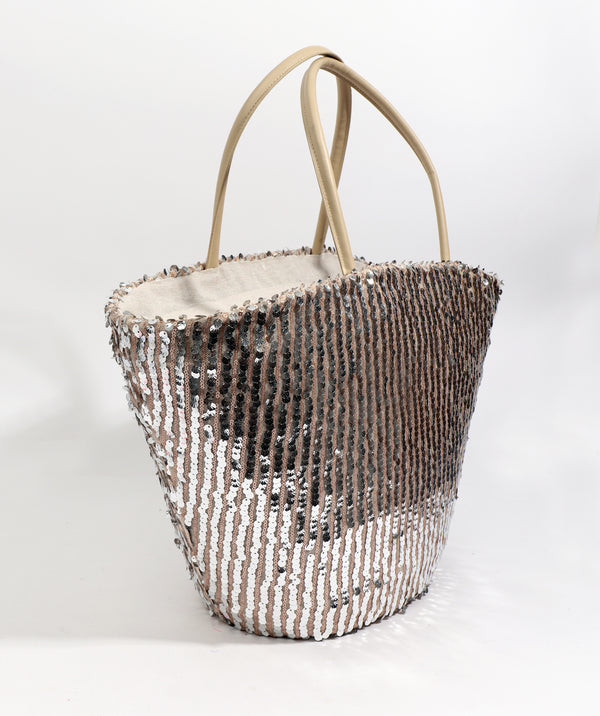 Side View: Silver Sequin Beach Bag with Zipped Closure