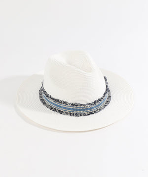 White/Blue Trilby Hat with Striped Ribbon and Bead Embellishment