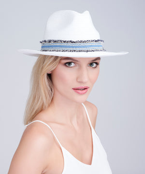 White/Blue Trilby Hat with Striped Ribbon and Bead Embellishment