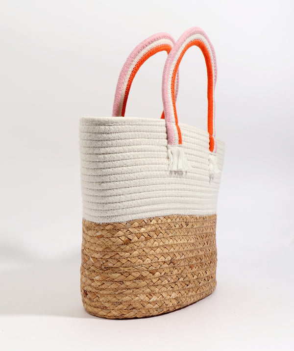 Side View: Natural/White Rainbow Handle Tote Bag with Zipped Closure