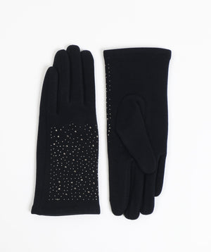 Black Crystal Rhinestone Faux Suede Gloves with Warm Lining