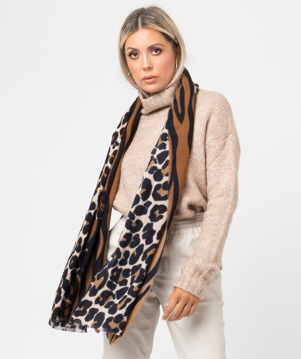 Reversible Winter Animal Print Scarf - Black-Brown - Accessories, Black/Brown, Nala, Scarf, Winter Accessories