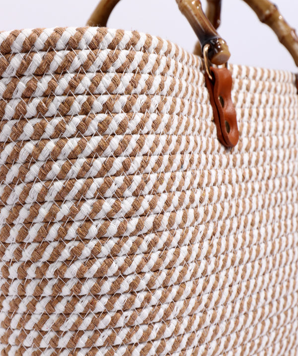 Close Up View: Tan/White Striped Tote Bag with Top Handles