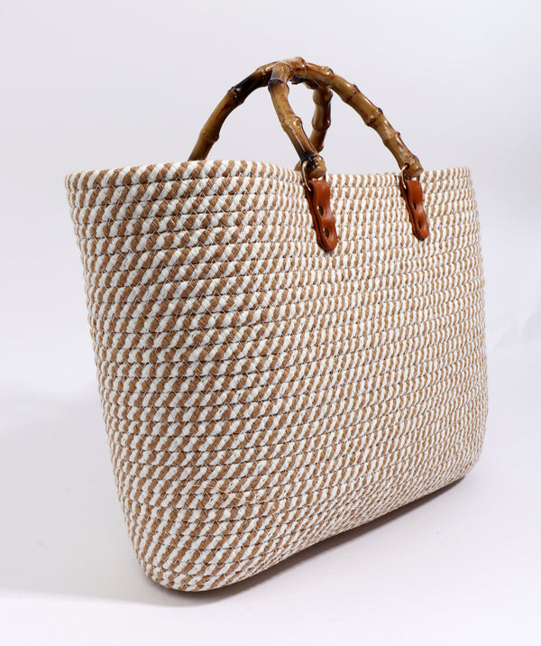 Side View: Tan/White Striped Tote Bag with Top Handles