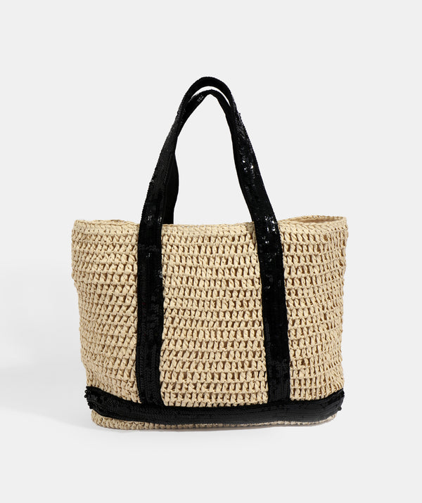 Black Sequin Embellished Straw Bag with Zipped Closure