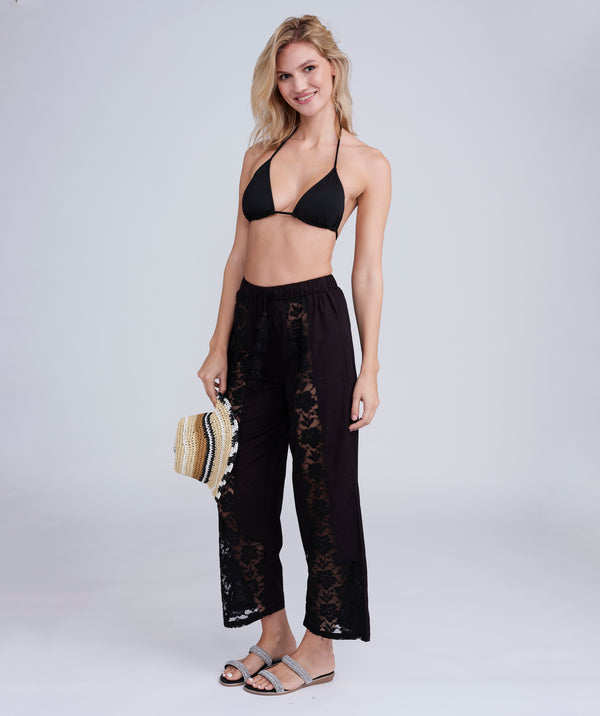 Black Beach Trousers with Lace Panel Front and Tassel Tie