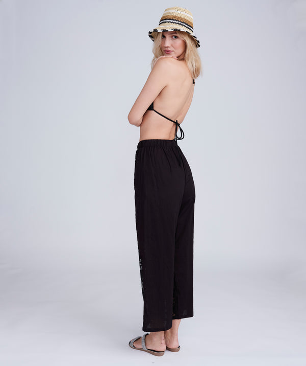 Black Beach Trousers with Lace Panel Front and Tassel Tie