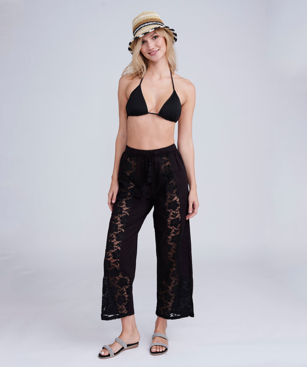 Black Beach Trousers with Lace Panel Front and Tassel Tie