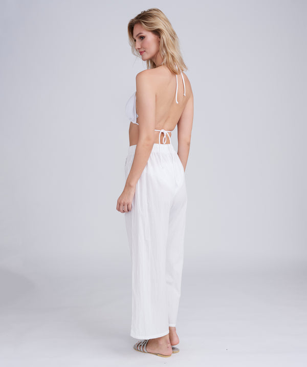 White Beach Trousers with Lace Panel Front and Tassel Tie