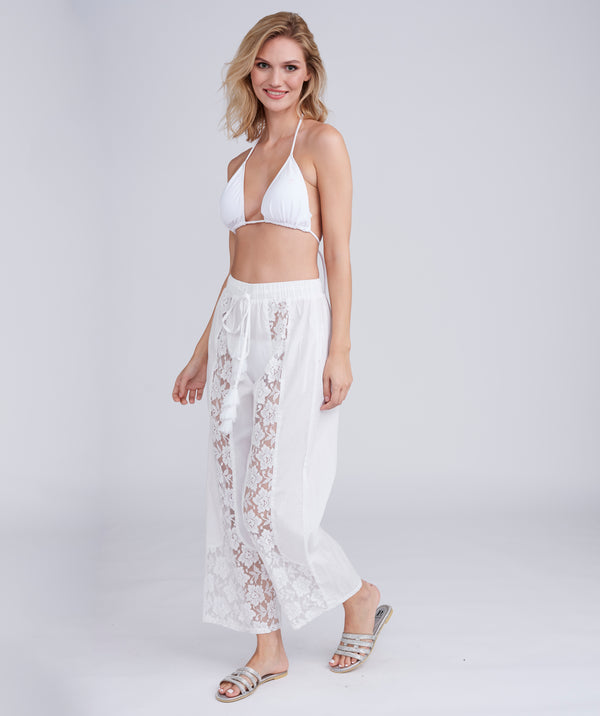 White Beach Trousers with Lace Panel Front and Tassel Tie