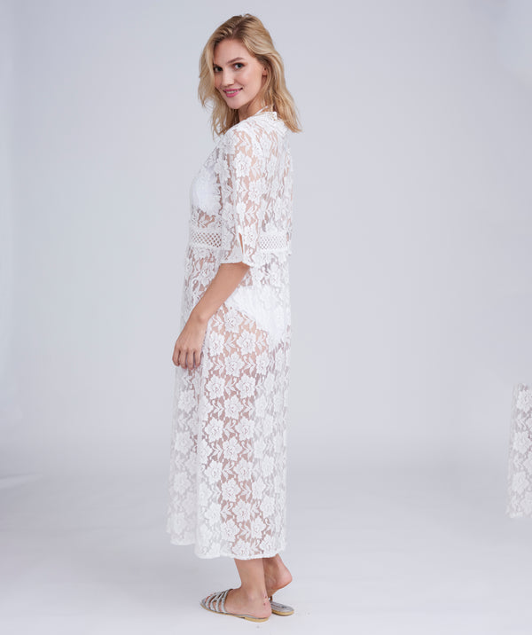 White Lace Kimono with Sheer Floral Lace and Waist Tie