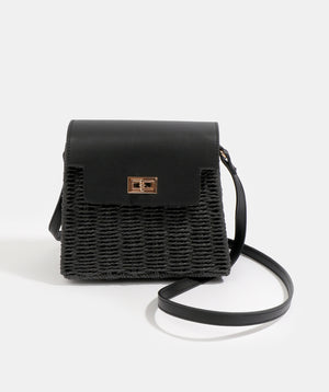 Black Straw Handbag with Tonal PU Details