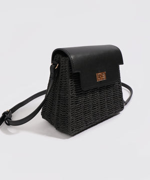 Side View: Black Straw Handbag with Tonal PU Details