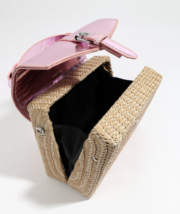 Interior View: Pink Straw Handbag with Metallic Details and Long Strap