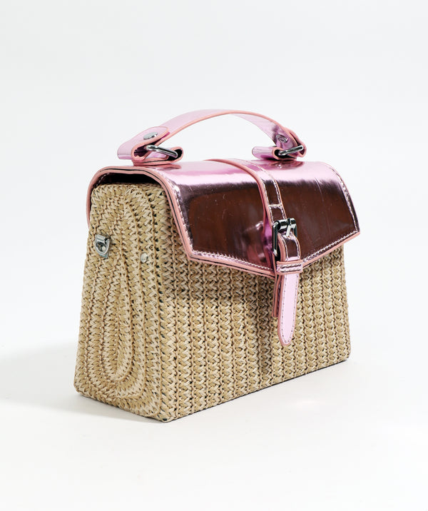 Side View: Pink Straw Handbag with Metallic Details and Long Strap