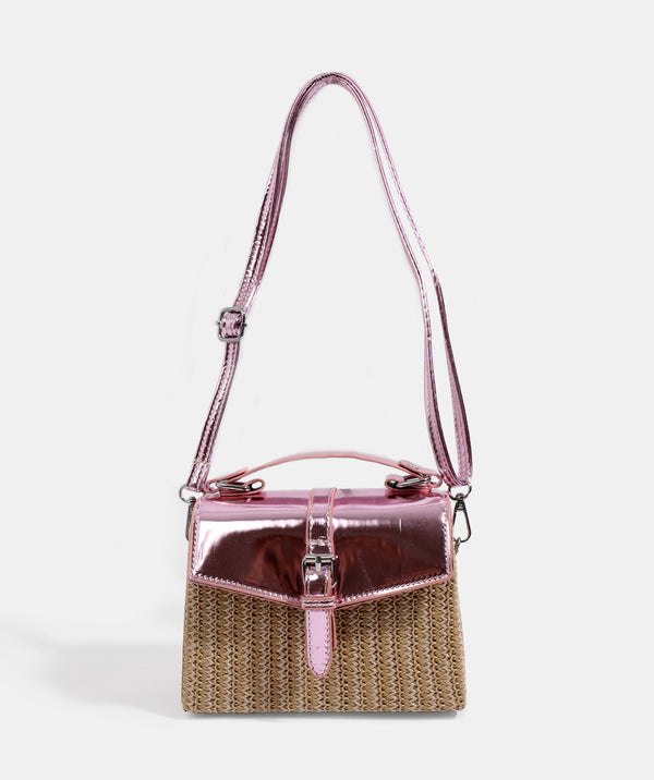 Pink Straw Handbag with Metallic Details and Long Strap