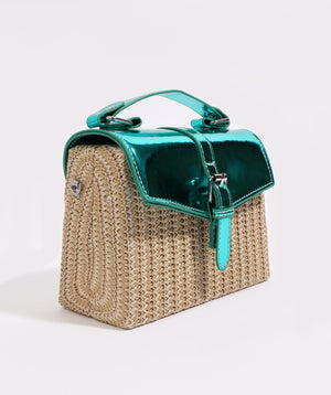 Side View: Turquoise Straw Handbag with Metallic PU Details