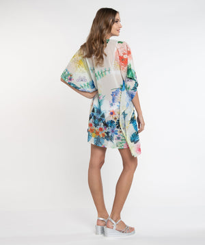 Pink Floral Tropical Print Midi Length Cover Up with Beaded Embellishment