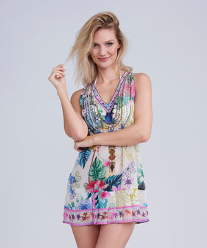  Pink Tropical Floral Print Dress with Embellished Beading