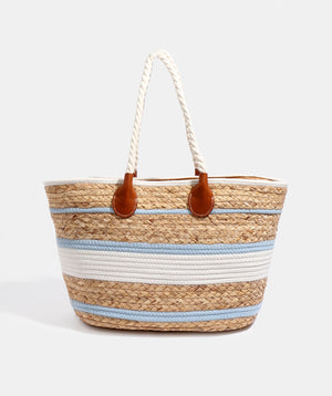 Blue Striped Straw Tote Bag with Zipped Closure