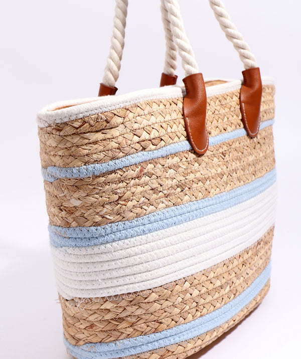 Side View: Blue Striped Straw Tote Bag with Zipped Closure