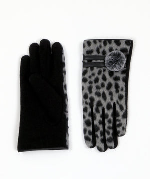 Black/Grey Leopard Print Gloves with Faux Fur Pom Pom