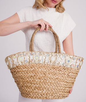 Straw beach basket bag in sand natural with floral sequin panel, zip closure, top handles, interior pockets, lightweight spacious design for beach and summer travel use.