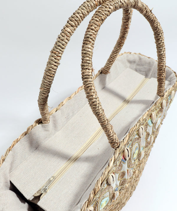 Side View: Sand Floral Sequin Embellished Straw Beach Basket