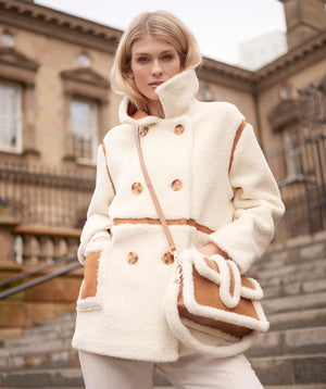 Cream Borg Coat with Tan Faux Suede Details