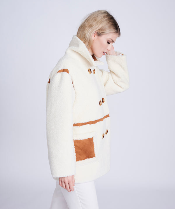 Cream/Tan Borg Coat with Faux Suede Details and Button Closure