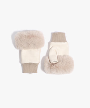 Cream Faux Leather Fingerless Gloves with Faux Fur Cuff