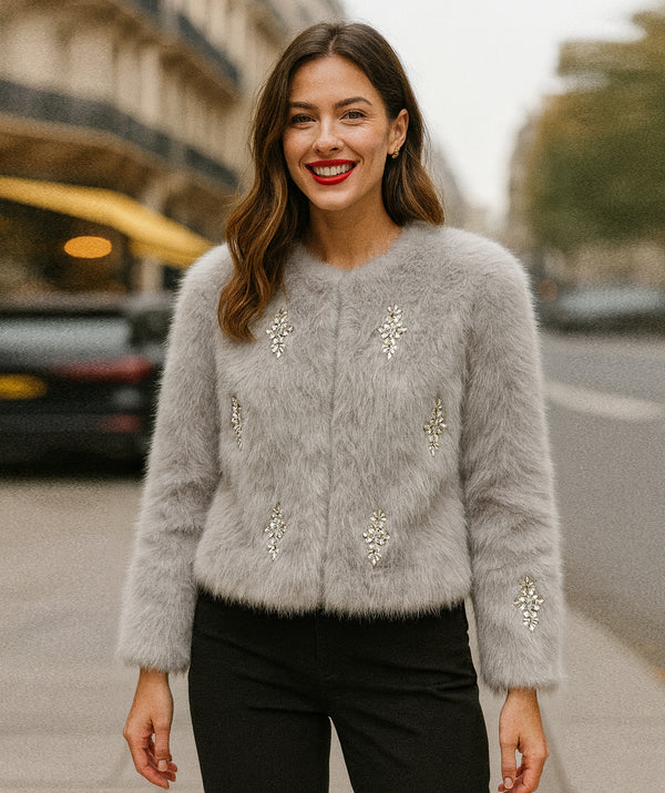 Portia - Silver Diamante Embellished Faux Fur Jacket