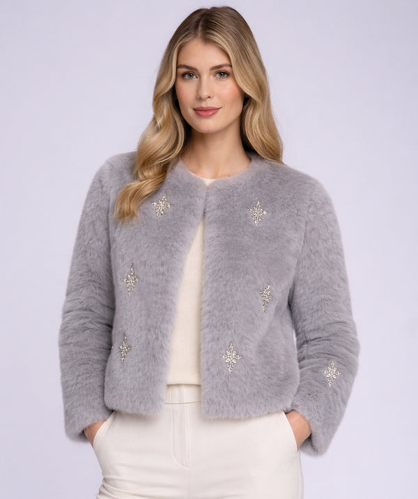 Portia - Silver Diamante Embellished Faux Fur Jacket