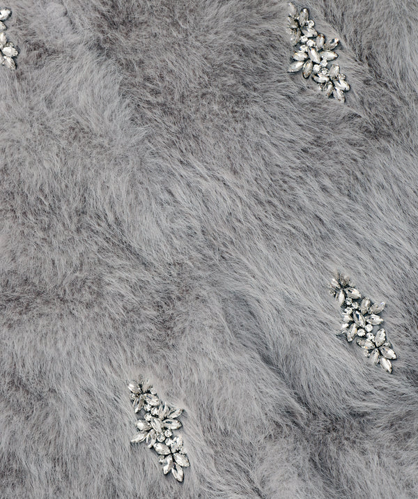 Portia - Silver Diamante Embellished Faux Fur Jacket