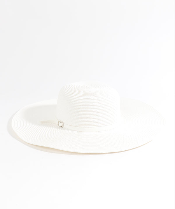 White Wide Brim Floppy Hat with Faux Leather Belt