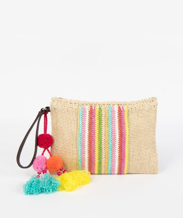 Straw clutch bag with rainbow striped woven and embroidered design, zip closure, detachable wrist strap, fully lined, lightweight summer beach accessory.