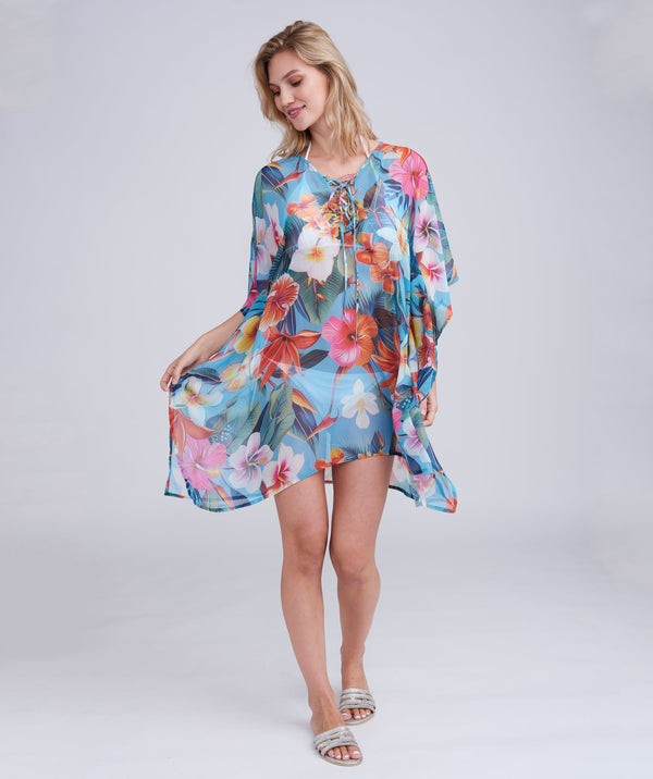 Blue Floral Printed Beach Kaftan with Short Sleeves