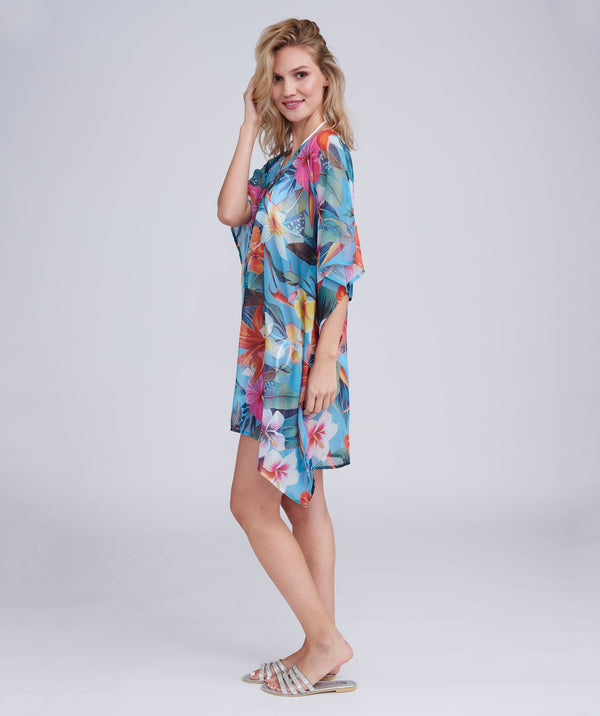 Side View: Blue Floral Printed Beach Kaftan with Short Sleeves