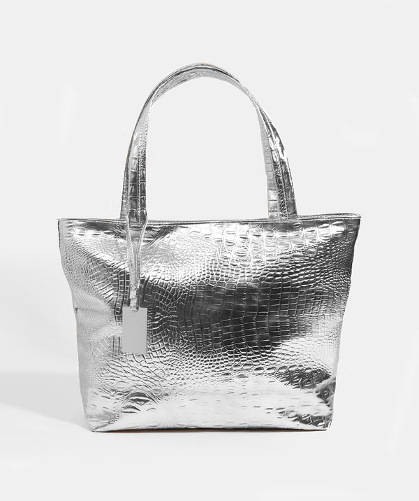 Silver Metallic Tote Bag with Zipped Closure