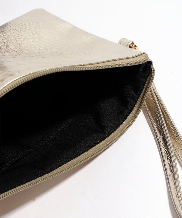 Interior View: Gold Metallic Clutch with Zipped Closure and Interior Pockets