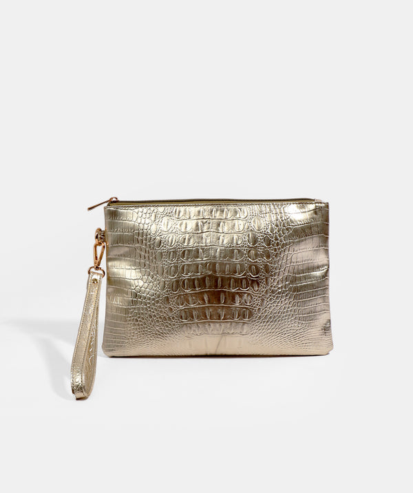 Gold Metallic Clutch with Zipped Closure and Interior Pockets