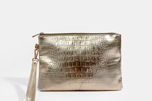 Gold Metallic Clutch with Zipped Closure and Interior Pockets