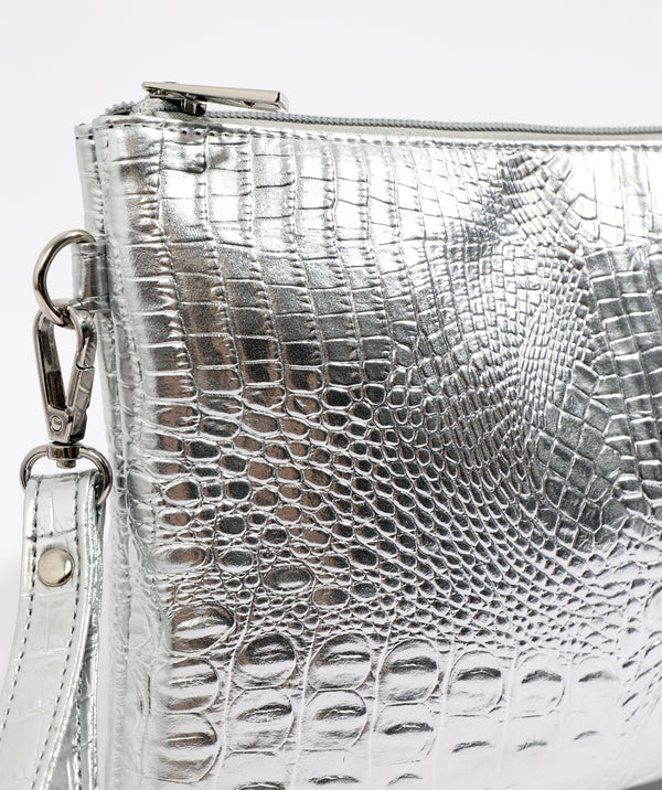 Close Up View: Silver Metallic Clutch with Zipped Closure