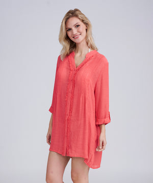 Salmon Pink Fringed Beach Shirt with Button Closure and Rolled Cuff Sleeves